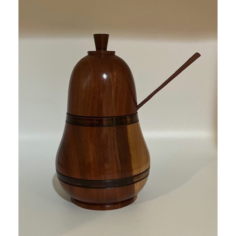 Inlaid Teak Wood Honey or‎ Jam Pot Pear Shaped Handcrafted 7" Height